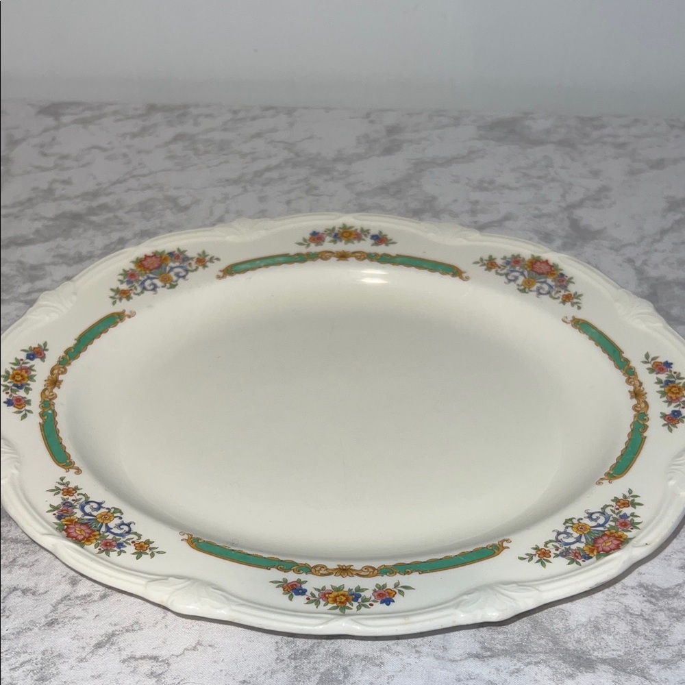 Vintage Floral Dinner Plate with Green Accents
